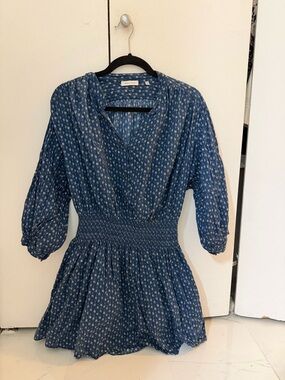 Rebecca Taylor Blue Printed Smocked-Waist Mini Dress